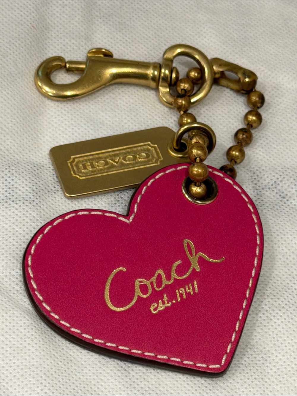 Coach Pink Heart Leather Key & Bag Charm with Gold Hardware